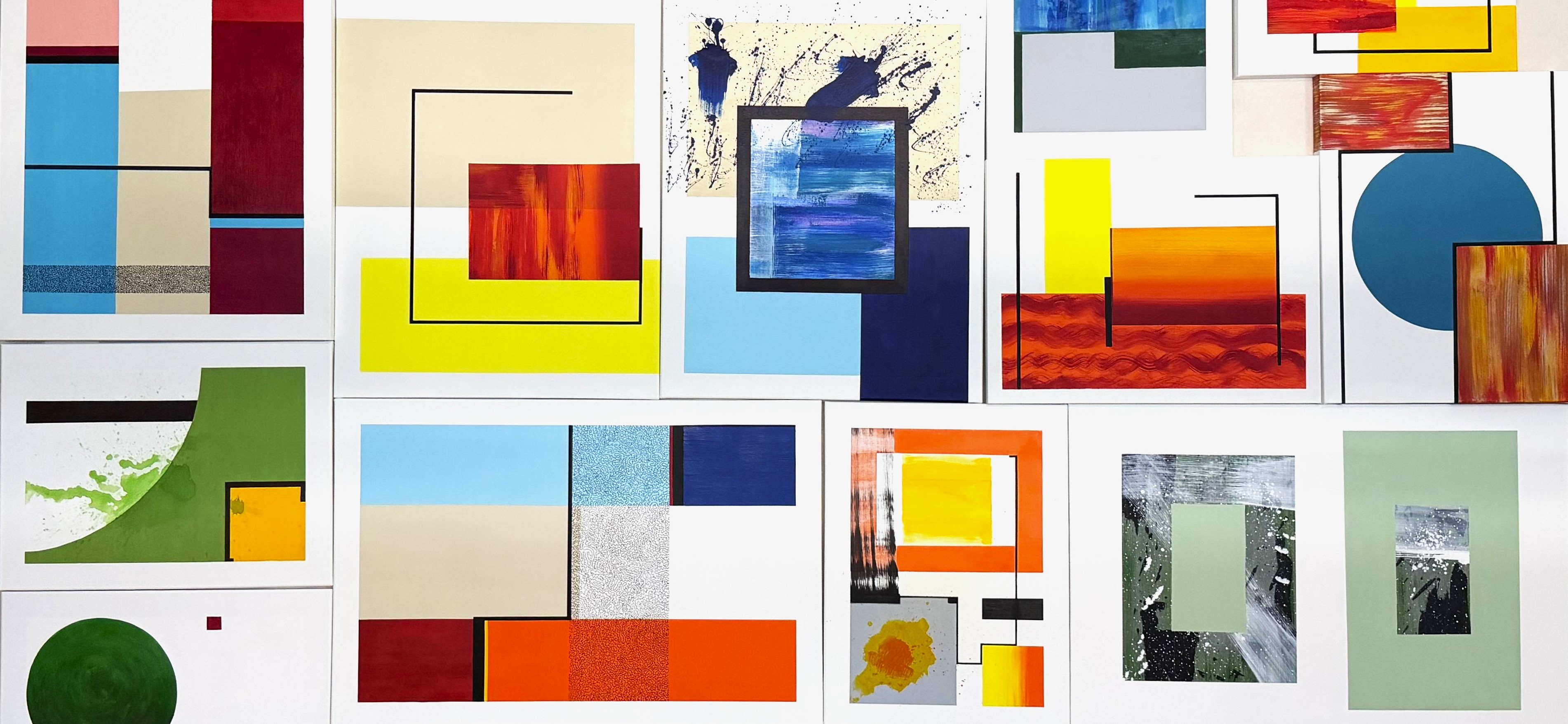 Abstract painting with layers in deep blue, coral, gold, and green